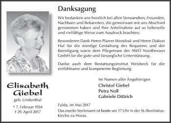 Traueranzeige von Elisabeth Giebel 