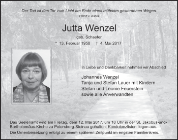 Traueranzeige von Jutta Wenzel 