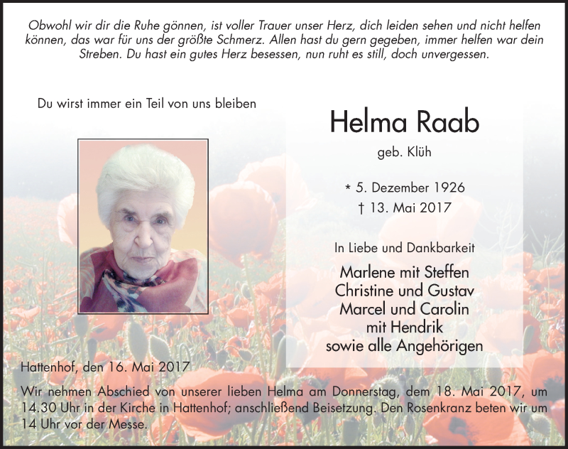  Traueranzeige für Helma Raab vom 16.05.2017 aus 