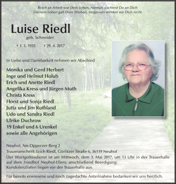 Traueranzeige von Luise Riedl 