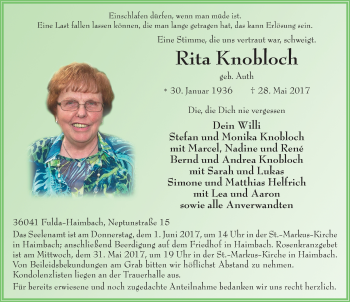Traueranzeige von Rita Knobloch 