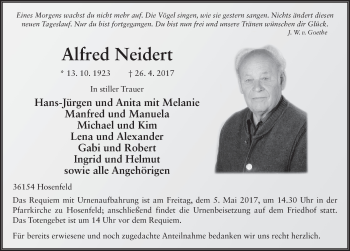 Traueranzeige von Alfred Neidert 