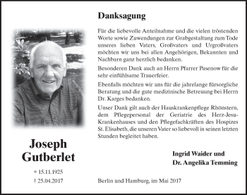 Traueranzeige von Joseph Gutberlet 
