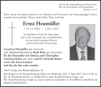 Traueranzeige von Ernst Heumüller 