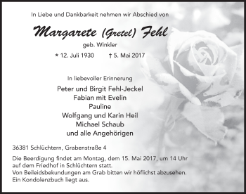 Traueranzeige von Margarete Fehl 
