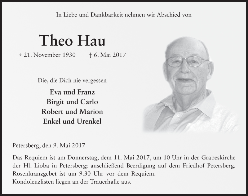 Traueranzeige für Theo Hau vom 09.05.2017 aus 