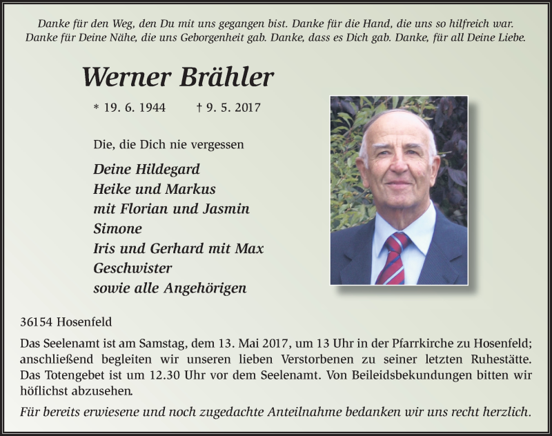  Traueranzeige für Werner Brähler vom 11.05.2017 aus 