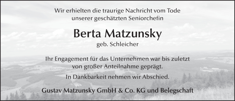  Traueranzeige für Berta Matzunsky vom 09.05.2017 aus 