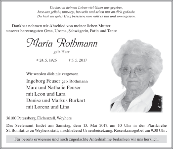 Traueranzeige von Maria Rothmann 