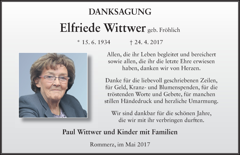  Traueranzeige für Elfriede Wittwer vom 20.05.2017 aus 