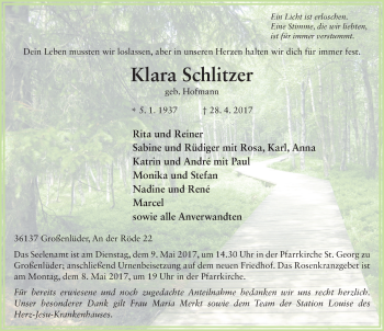 Traueranzeige von Klara Schlitzer 