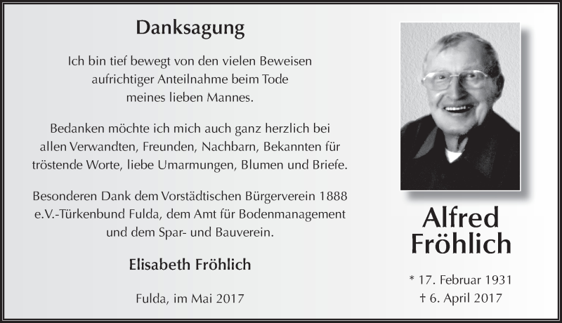  Traueranzeige für Alfred Fröhlich vom 13.05.2017 aus 