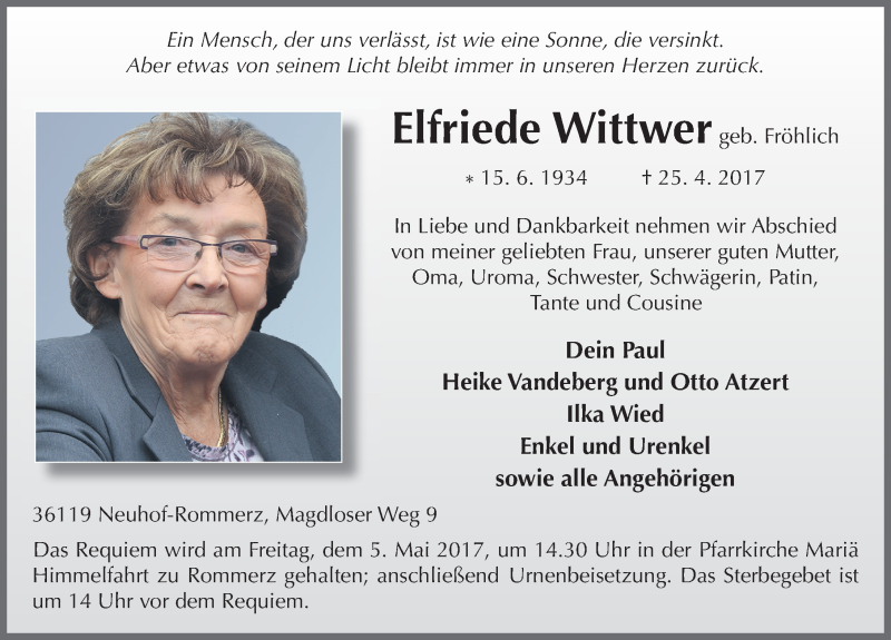  Traueranzeige für Elfriede Wittwer vom 02.05.2017 aus 