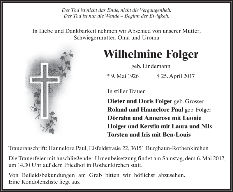  Traueranzeige für Wilhelmine Folger vom 02.05.2017 aus 