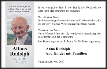 Traueranzeige von Alfons Rudolph 