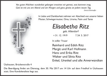 Traueranzeige von Elisabetha Ritz 