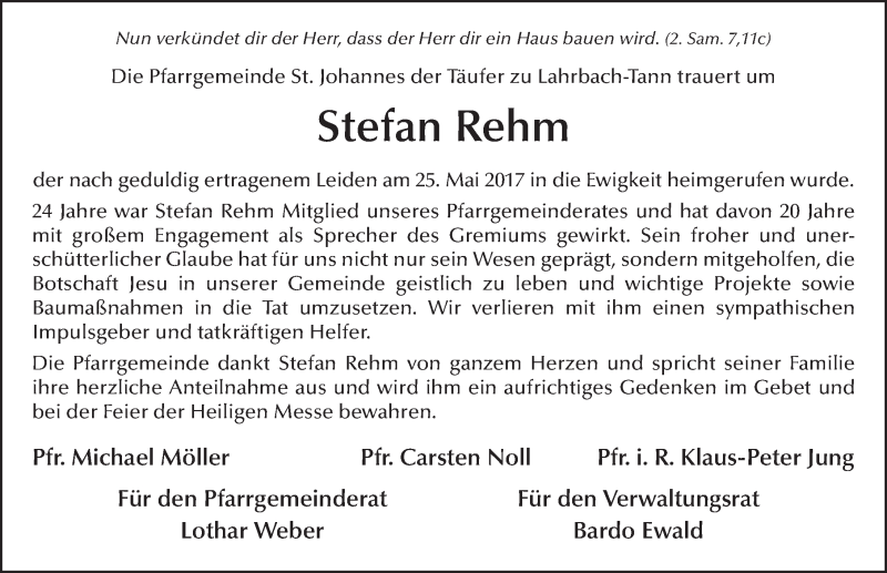  Traueranzeige für Stefan Rehm vom 30.05.2017 aus 