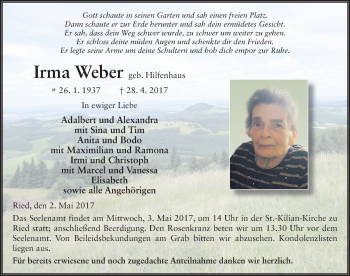 Traueranzeige von Irma Weber 