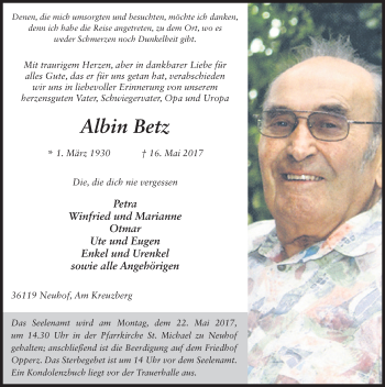 Traueranzeige von Albin Betz 