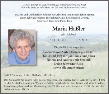 Traueranzeige von Maria Häßler 