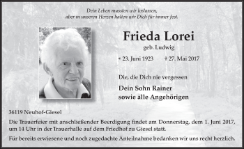 Traueranzeige von Frieda Lorei 