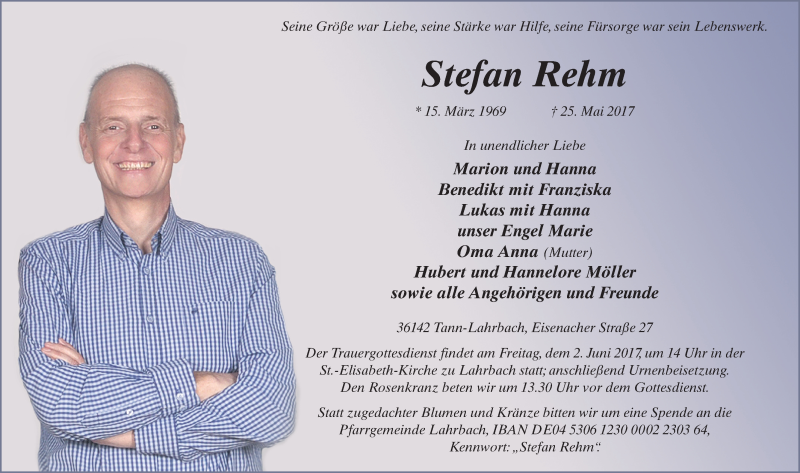  Traueranzeige für Stefan Rehm vom 30.05.2017 aus 