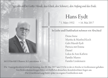 Traueranzeige von Hans Eydt 