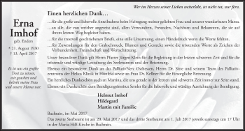 Traueranzeige von Erna Imhof 