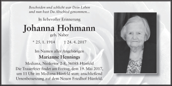 Traueranzeige von Johanna Hohmann 