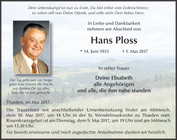 Traueranzeige von Hans Ploss 