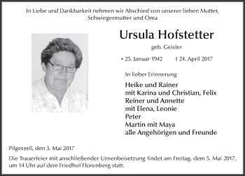 Traueranzeige von Ursula Hofstetter 