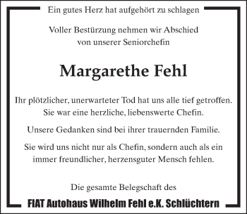 Traueranzeige von Margarete Fehl 