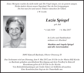 Traueranzeige von Luzia Spiegel 
