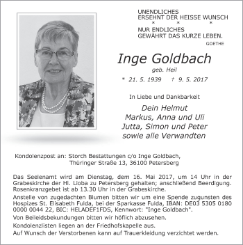 Traueranzeige von Inge Goldbach 