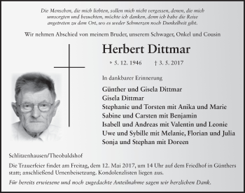 Traueranzeige von Herbert Dittmar 