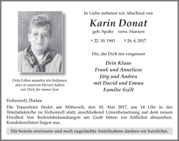 Traueranzeige von Karin Donat 