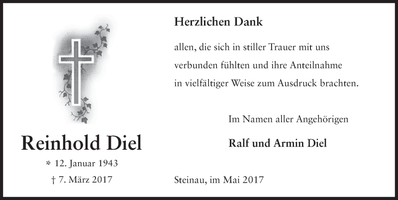  Traueranzeige für Reinhold Diel vom 13.05.2017 aus 