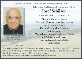 Traueranzeige von Josef Schilson 