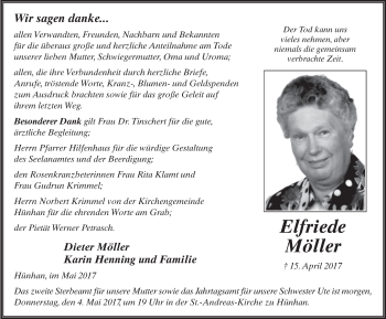 Traueranzeige von Elfriede Möller 