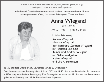 Traueranzeige von Anna Wiegand 