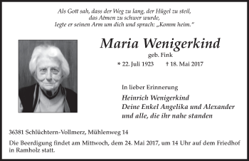 Traueranzeige von Maria Wenigerkind 
