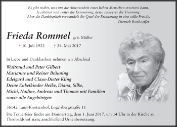 Traueranzeige von Frieda Rommel 