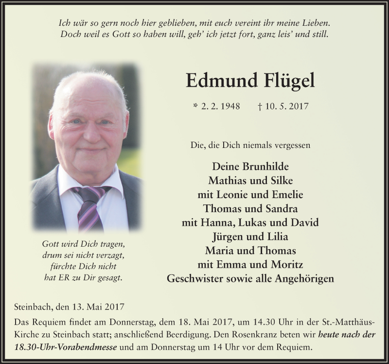  Traueranzeige für Edmund Flügel vom 13.05.2017 aus 