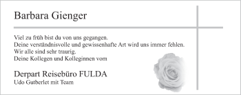Traueranzeige von Barbara Gienger 