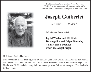 Traueranzeige von Joseph Gutberlet 