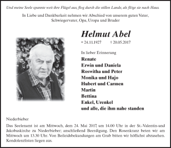 Traueranzeige von Helmut Abel 