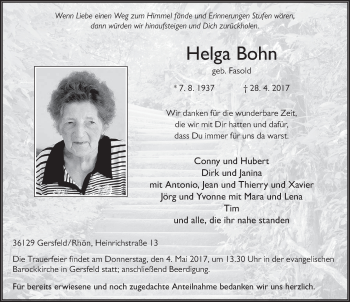 Traueranzeige von Helga Bohn 
