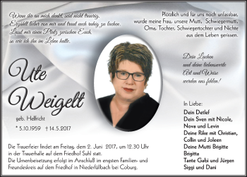 Traueranzeige von Ute Weigelt 