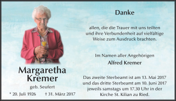Traueranzeige von Margaretha Kremer 