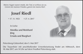 Traueranzeige von Josef Riedl 